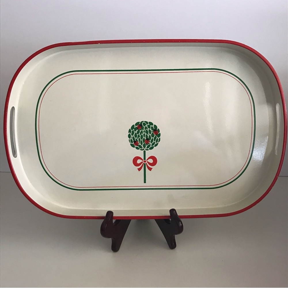 VTG GALLO Large White, Green & Red Lacquer Topiary W/ladybugs Oval Serving Tray